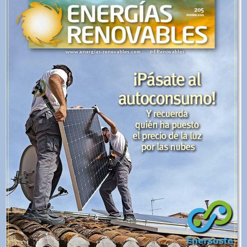 Imagen de portada de un periódico con instaladores de Enersoste montando placas solares.